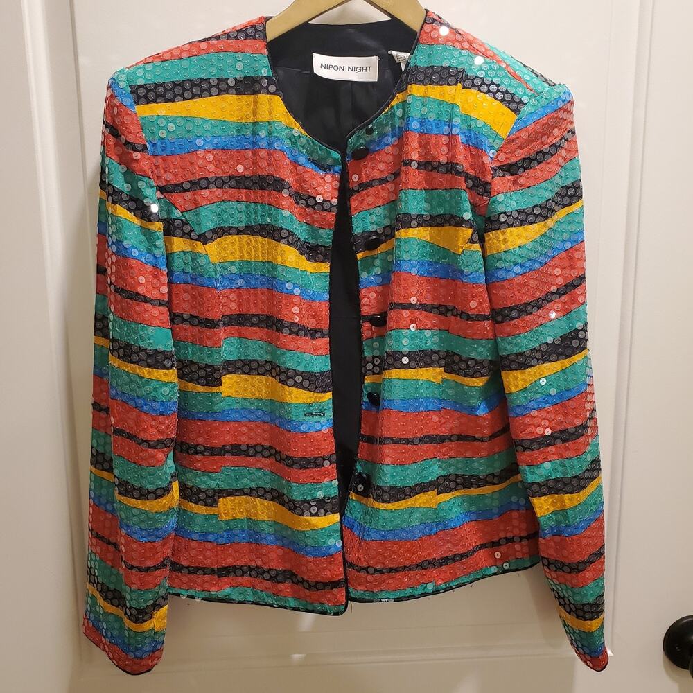 *Nipon Night* Silk Evening Jacket Bright Colors Beaded Clear Sequins Sz 8 Blazer